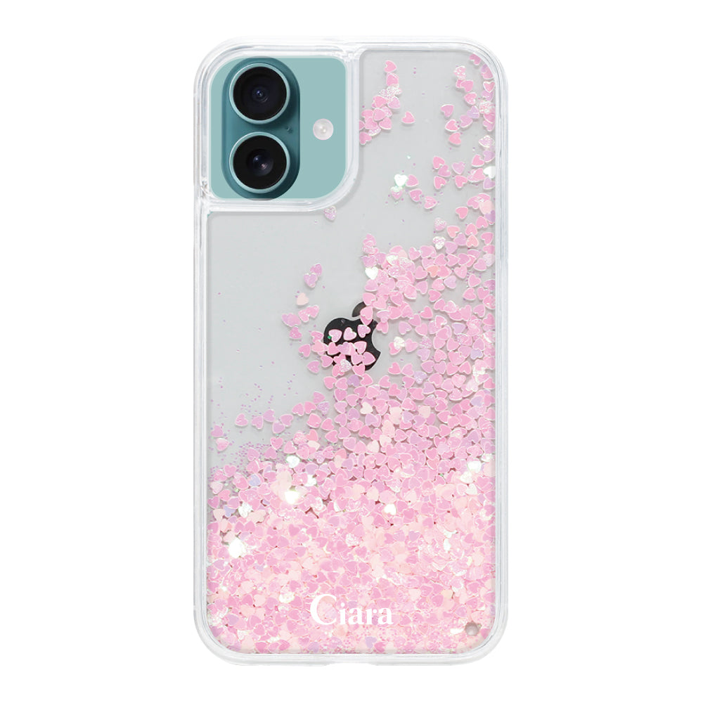 iPhone16Plus グリッター オイルクリアケース ロゴ ピンク