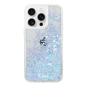 iPhone16ProMax グリッター オイルクリアケース ロゴ ブルー