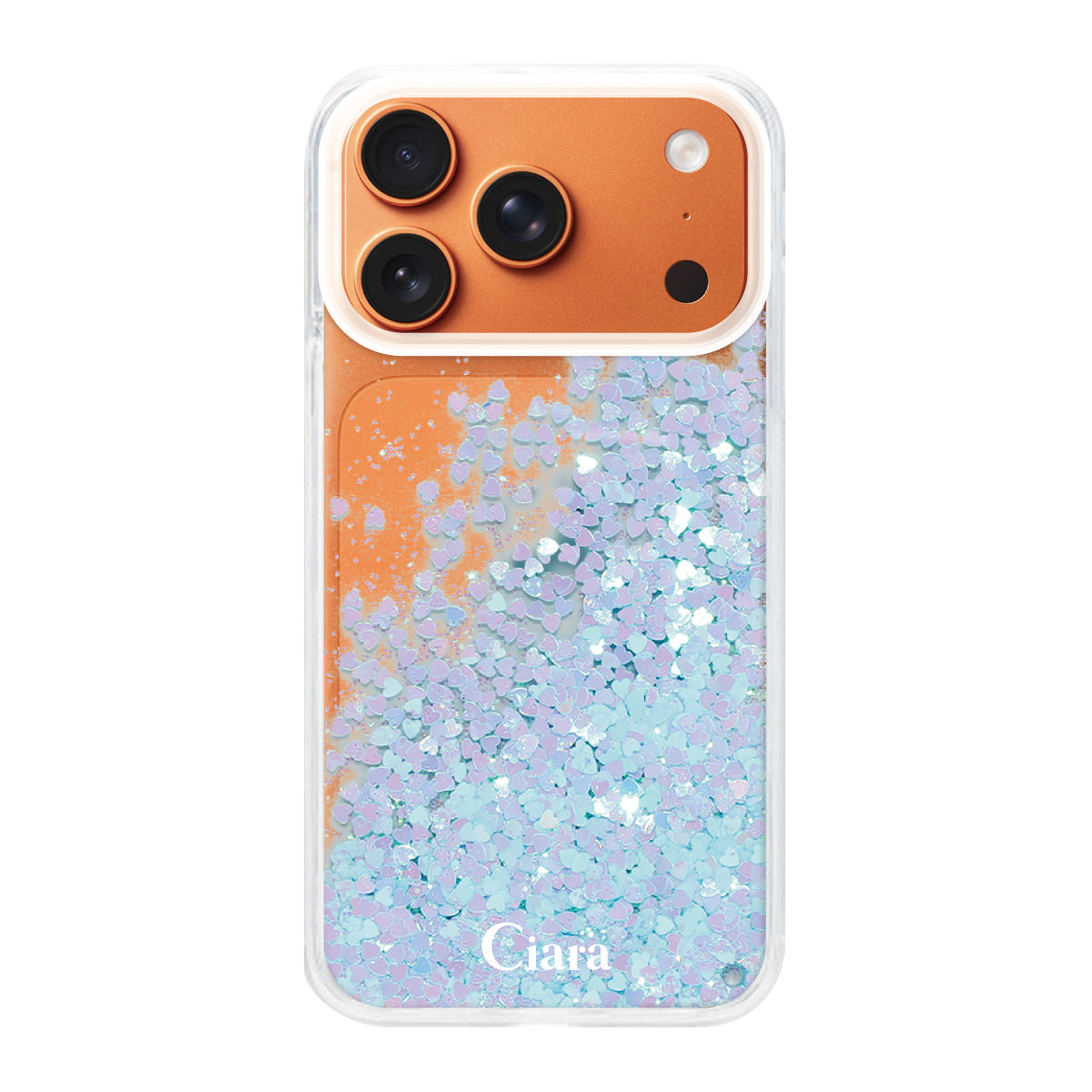 iPhone17ProMax グリッター オイルクリアケース ロゴ ブルー