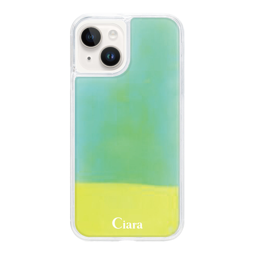 iPhone14ケース ネオンサンド オイルケース ロゴ イエロー/グリーン