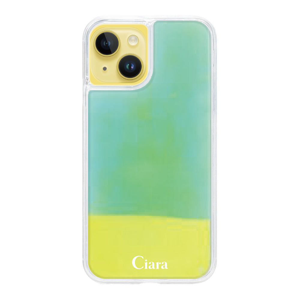 iPhone14Plusケース ネオンサンド オイルケース ロゴ イエロー/グリーン