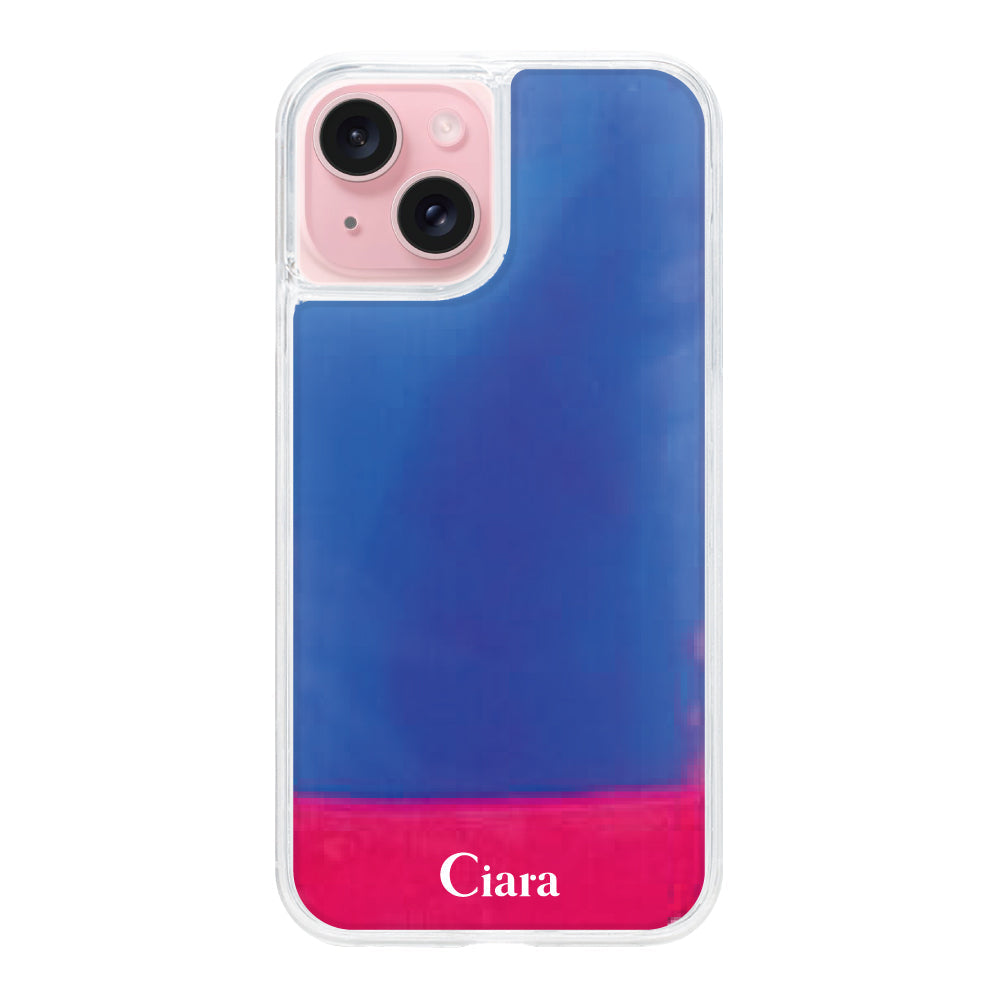 iPhone15ケース ネオンサンド オイルケース ロゴ ピンク/ブルー
