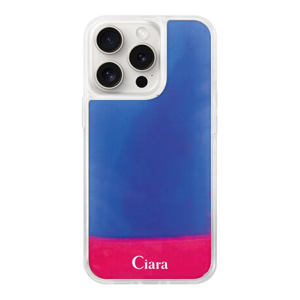 iPhone15ProMaxケース ネオンサンド オイルケース ロゴ ピンク/ブルー
