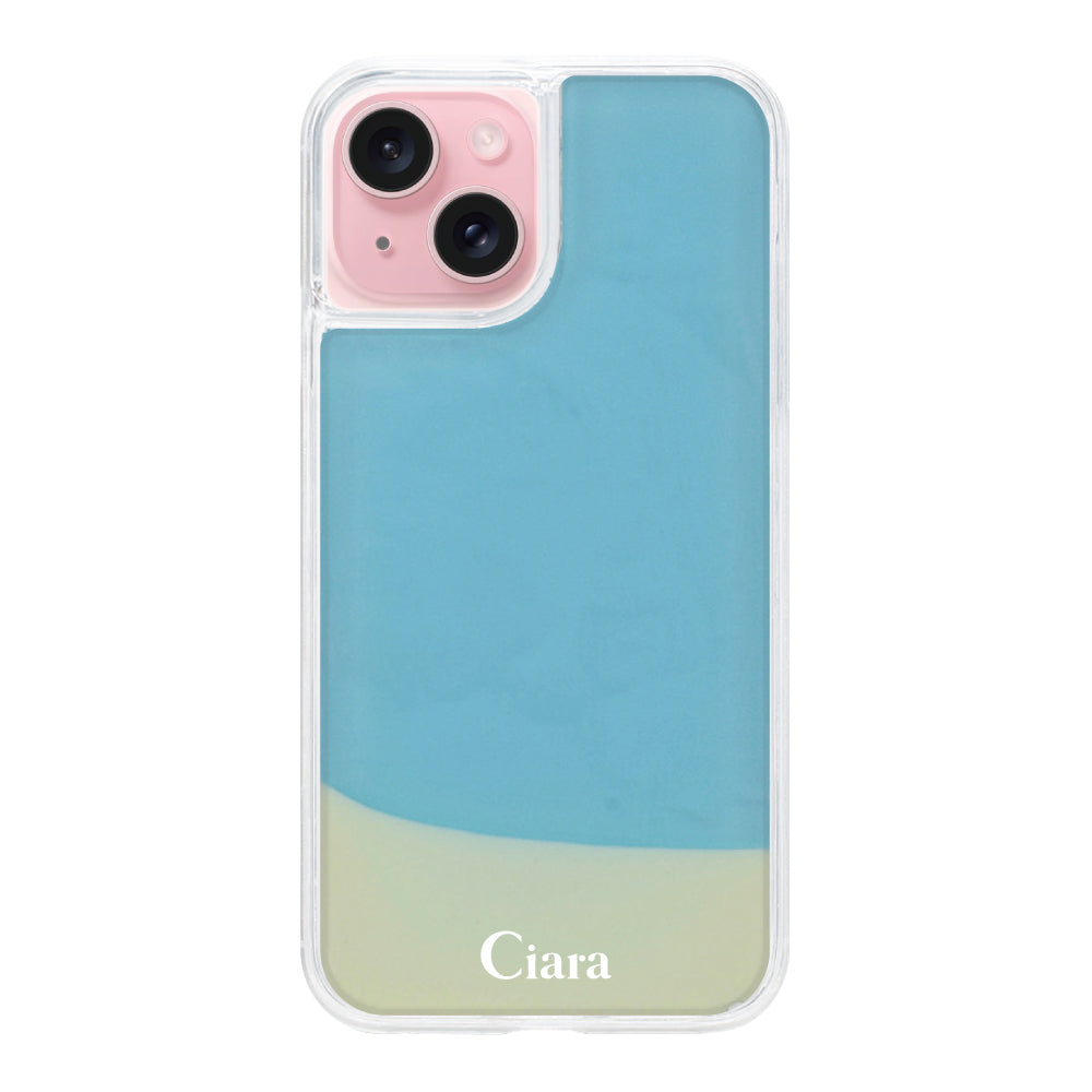 iPhone15ケース ネオンサンド オイルケース ロゴ ホワイト/ブルー