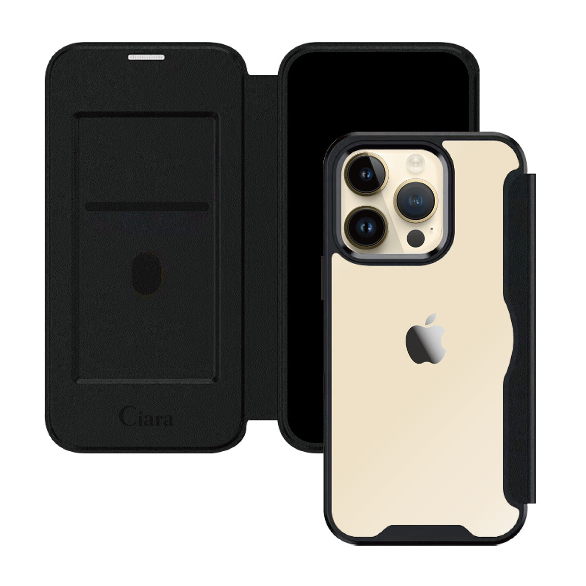 iPhone14Pro PUレザーフリップクリア手帳型 手帳型カード収納ケース ロゴ ブラック