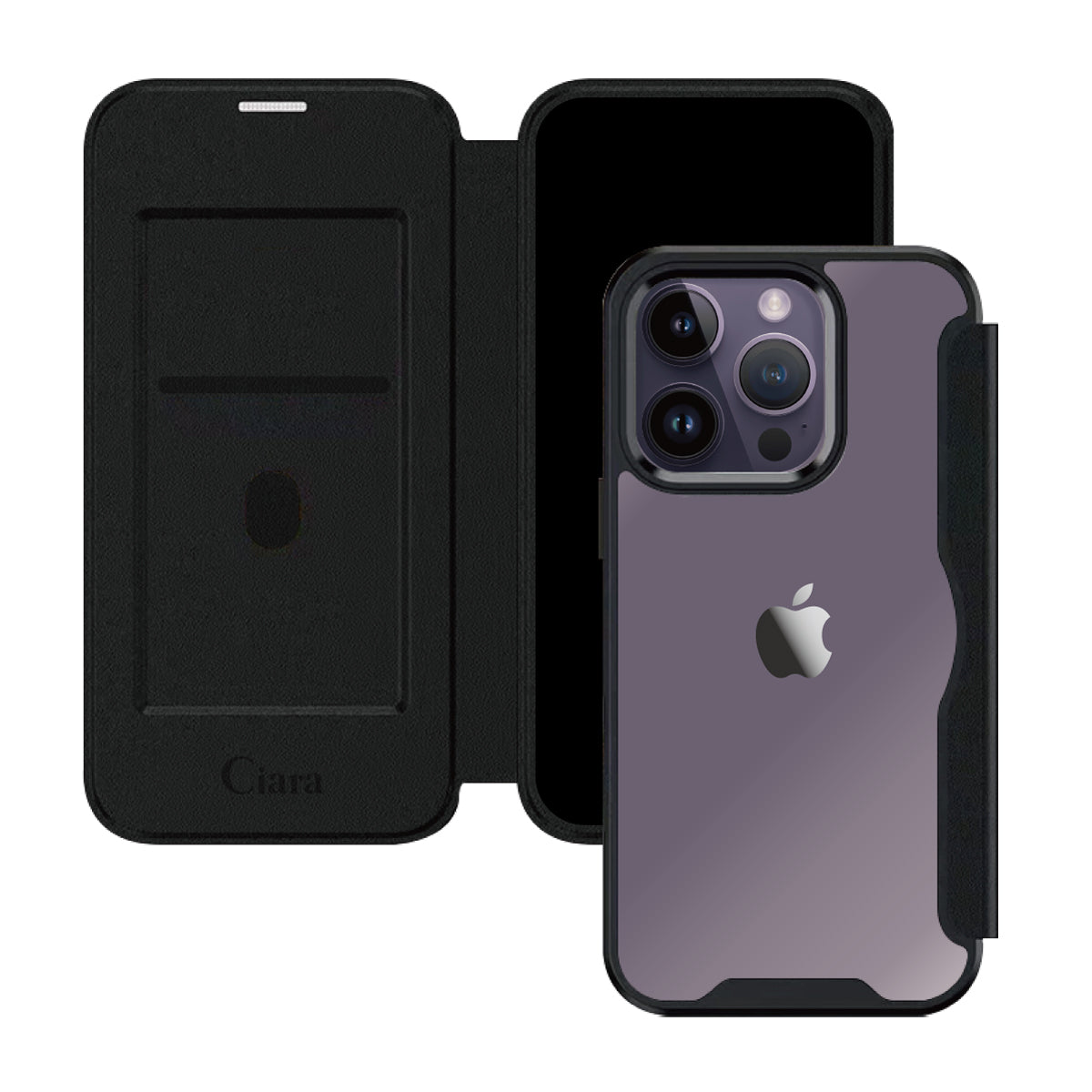 iPhone14ProMax PUレザーフリップクリア手帳型 手帳型カード収納ケース ロゴ ブラック