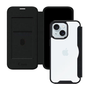 iPhone15Plus/14Plus PUレザーフリップクリア手帳型 手帳型カード収納ケース ロゴ ブラック