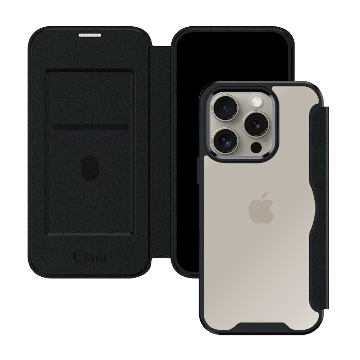 iPhone15Pro PUレザーフリップクリア手帳型 手帳型カード収納ケース ロゴ ブラック