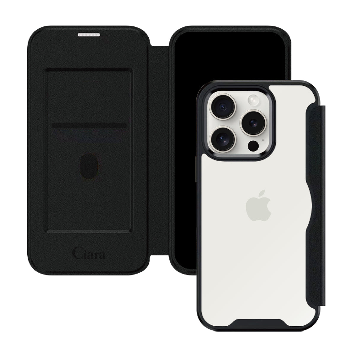 iPhone15ProMax PUレザーフリップクリア手帳型 手帳型カード収納ケース ロゴ ブラック
