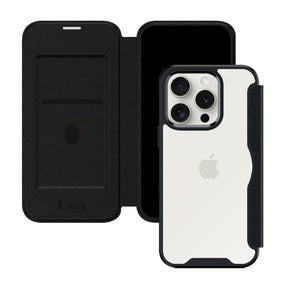 iPhone15ProMax PUレザーフリップクリア手帳型 手帳型カード収納ケース ロゴ ブラック