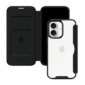 iPhone16 PUレザーフリップクリア手帳型 手帳型カード収納ケース ロゴ ブラック