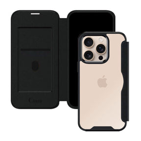 iPhone16Pro PUレザーフリップクリア手帳型 手帳型カード収納ケース ロゴ ブラック