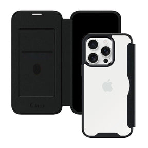 iPhone16ProMax PUレザーフリップクリア手帳型 手帳型カード収納ケース ロゴ ブラック