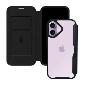 iPhone17 PUレザーフリップクリア手帳型 手帳型カード収納ケース ロゴ ブラック
