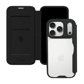 iPhone17Pro PUレザーフリップクリア手帳型 手帳型カード収納ケース ロゴ ブラック