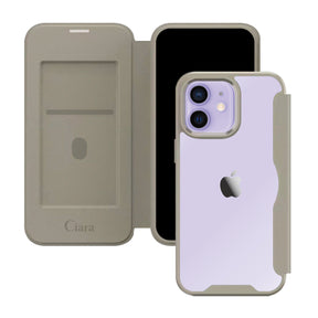 iPhone12/12Pro PUレザーフリップクリア手帳型 手帳型カード収納ケース ロゴ ベージュ