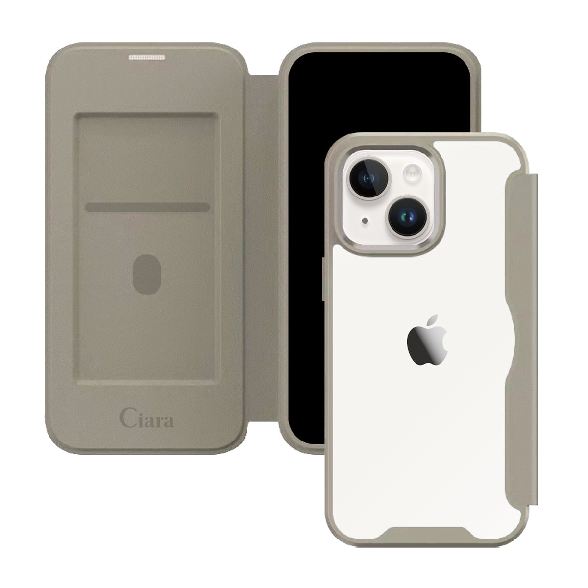 iPhone14/13 PUレザーフリップクリア手帳型 手帳型カード収納ケース ロゴ ベージュ