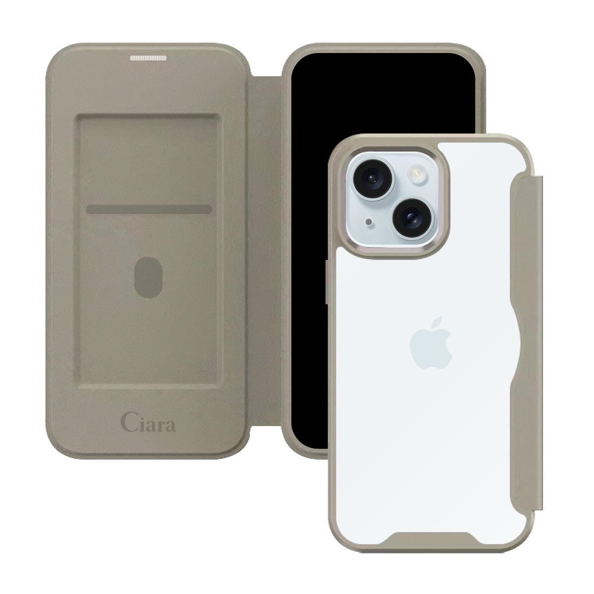 iPhone15Plus/14Plus PUレザーフリップクリア手帳型 手帳型カード収納ケース ロゴ ベージュ