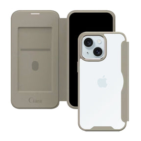 iPhone15Plus/14Plus PUレザーフリップクリア手帳型 手帳型カード収納ケース ロゴ ベージュ