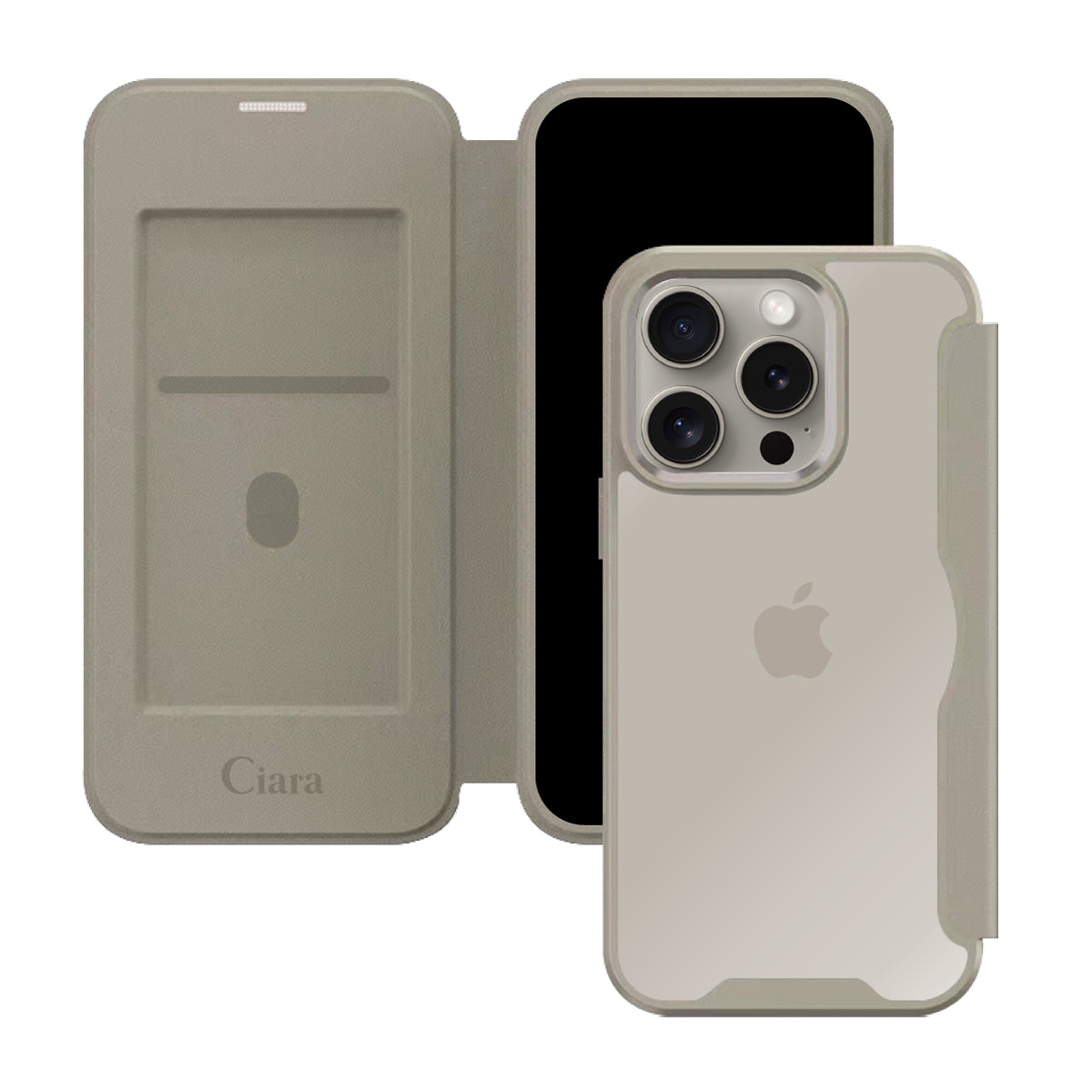 iPhone15Pro PUレザーフリップクリア手帳型 手帳型カード収納ケース ロゴ ベージュ