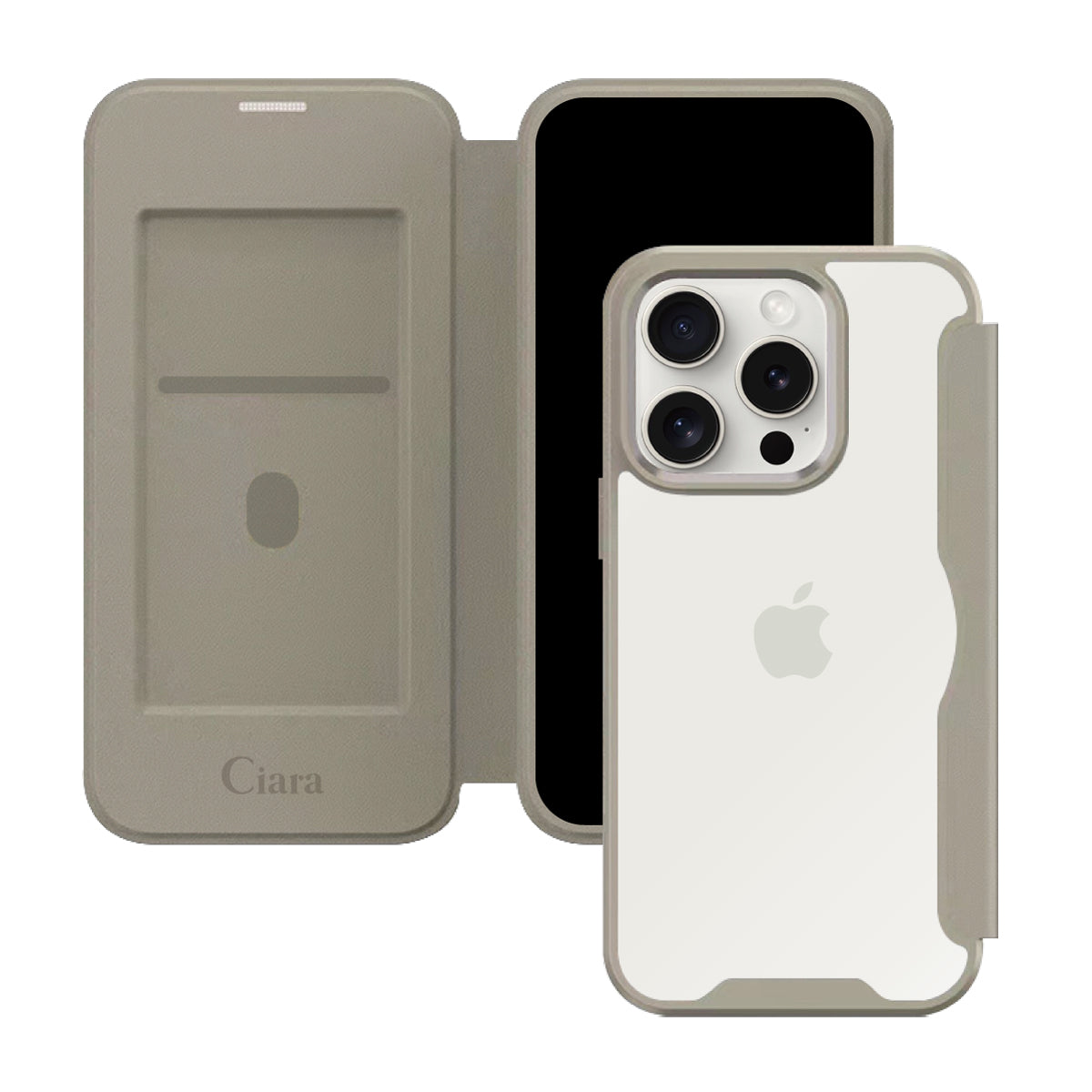 iPhone15ProMax PUレザーフリップクリア手帳型 手帳型カード収納ケース ロゴ ベージュ