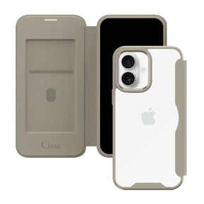 iPhone16 PUレザーフリップクリア手帳型 手帳型カード収納ケース ロゴ ベージュ