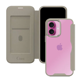 iPhone16Plus PUレザーフリップクリア手帳型 手帳型カード収納ケース ロゴ ベージュ