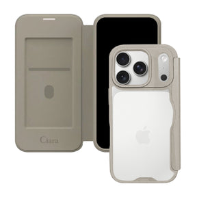 iPhone17Pro PUレザーフリップクリア手帳型 手帳型カード収納ケース ロゴ ベージュ