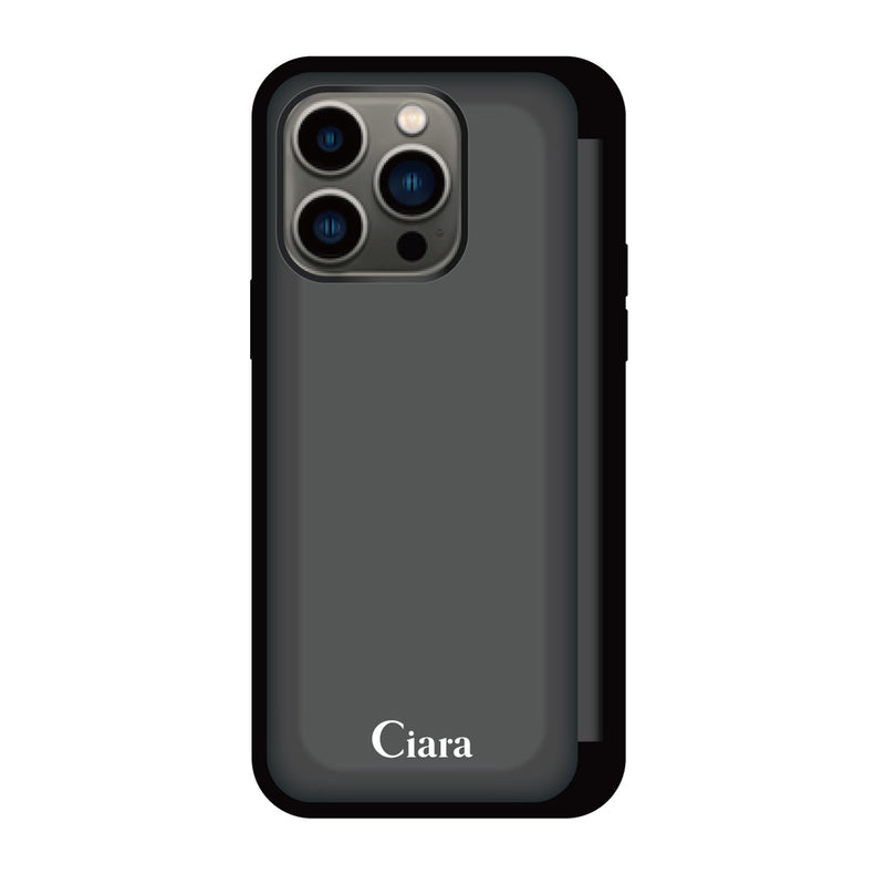 iPhoneケース バックフリップカード収納ミラー付きケース ロゴ