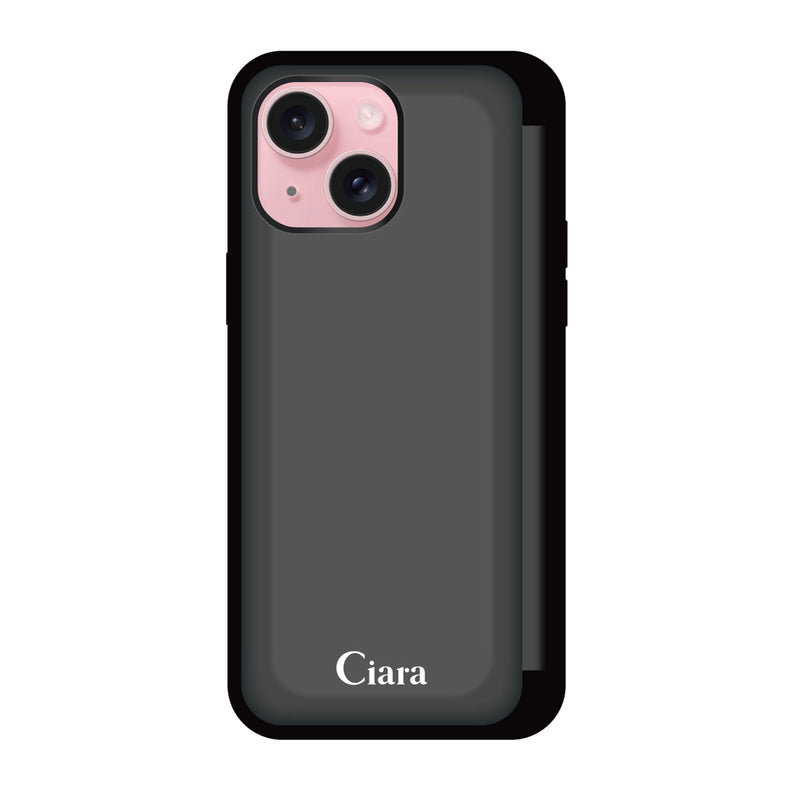 iPhoneケース バックフリップカード収納ミラー付きケース ロゴ