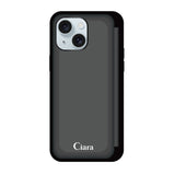 iPhone15Plus/14Plus バックフリップカード収納ミラー付き カード収納ミラー付きケース ロゴ ブラック