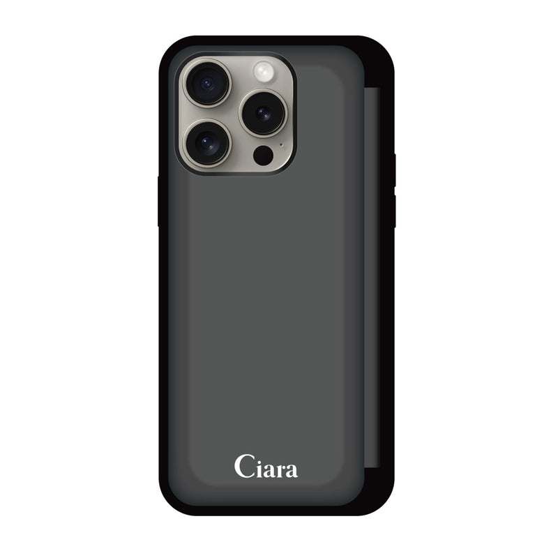iPhoneケース バックフリップカード収納ミラー付きケース ロゴ