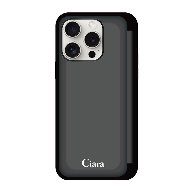 iPhoneケース バックフリップカード収納ミラー付きケース ロゴ