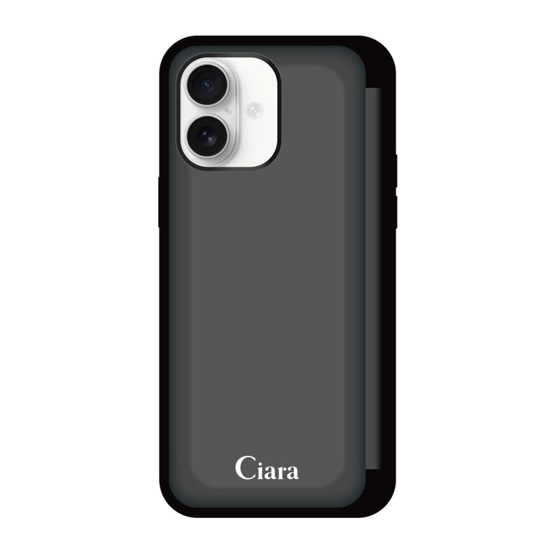 iPhoneケース バックフリップカード収納ミラー付きケース ロゴ
