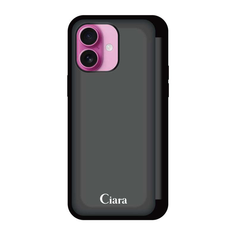 iPhoneケース バックフリップカード収納ミラー付きケース ロゴ