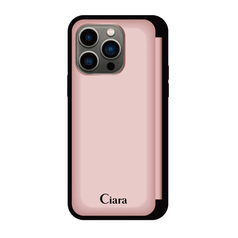 iPhoneケース バックフリップカード収納ミラー付きケース ロゴ