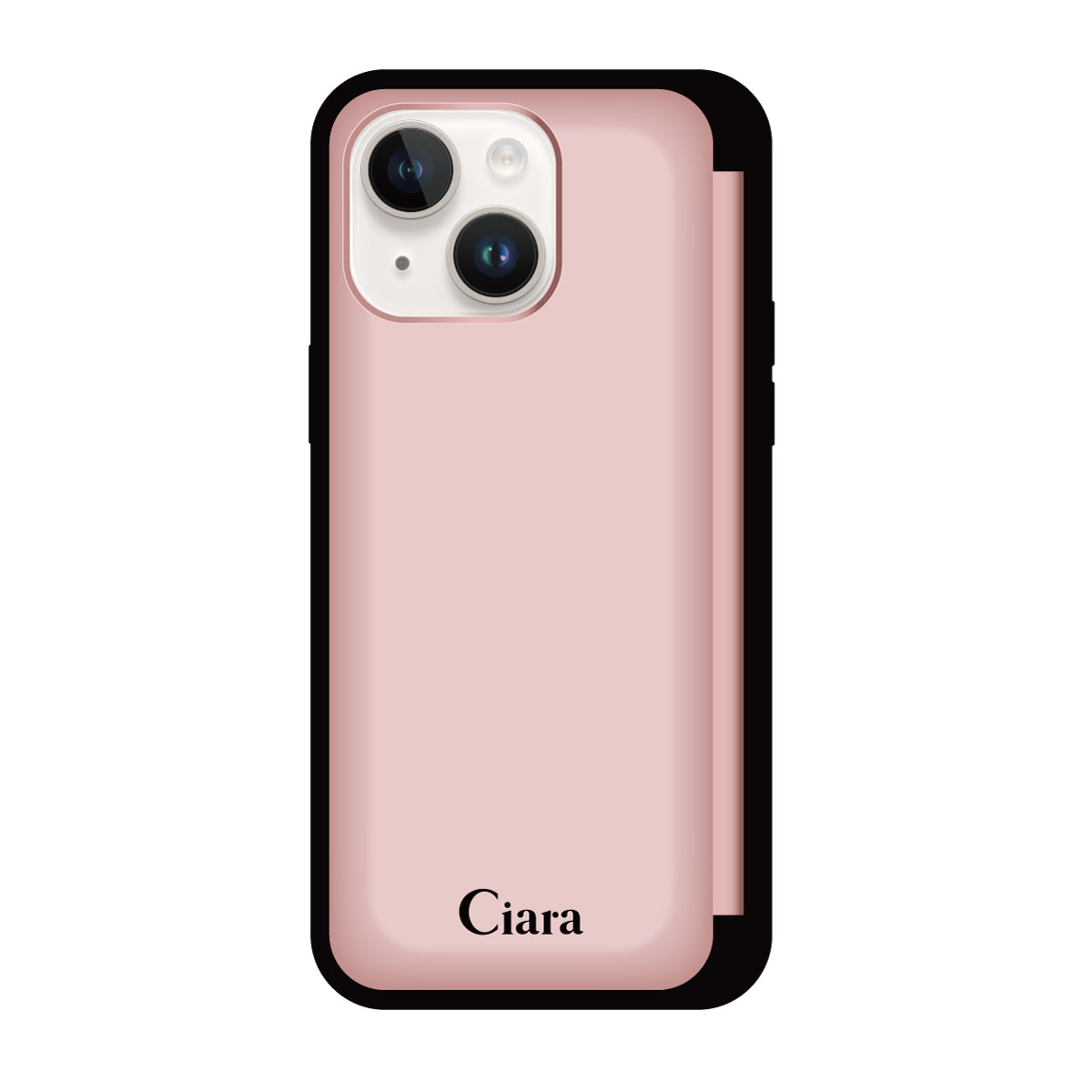 iPhone14/13 バックフリップカード収納ミラー付き カード収納ミラー付きケース ロゴ ピンク