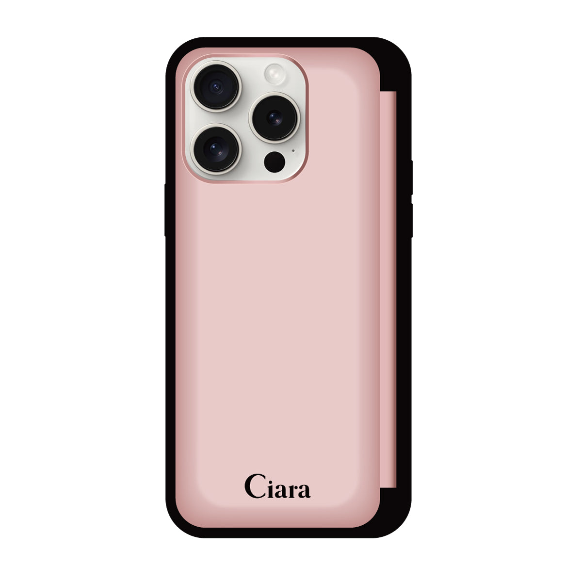 iPhone15ProMax バックフリップカード収納ミラー付き カード収納ミラー付きケース ロゴ ピンク