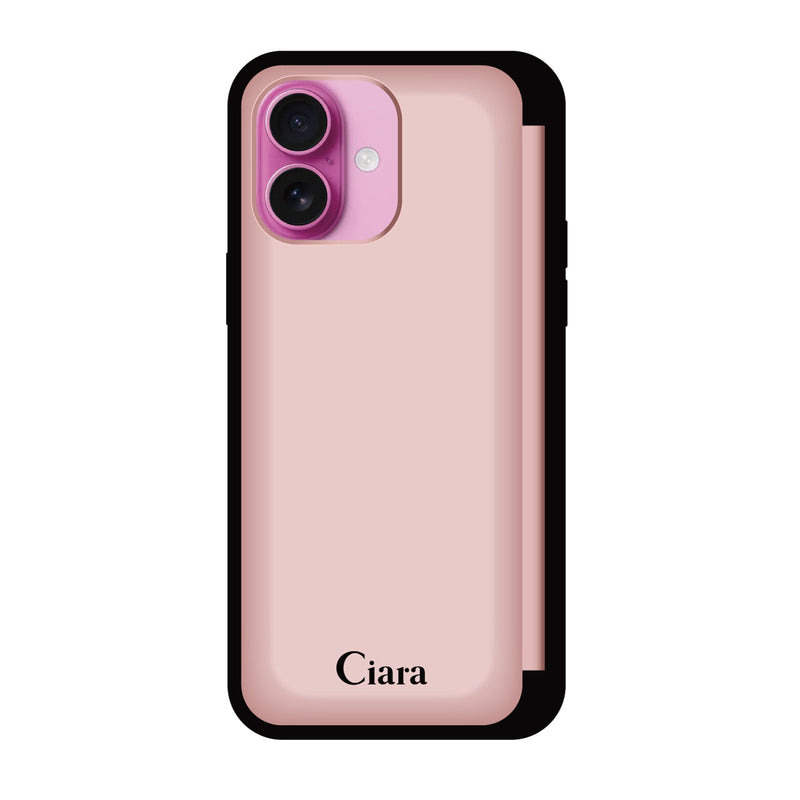 iPhoneケース バックフリップカード収納ミラー付きケース ロゴ