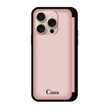 iPhone16Pro バックフリップカード収納ミラー付き カード収納ミラー付きケース ロゴ ピンク