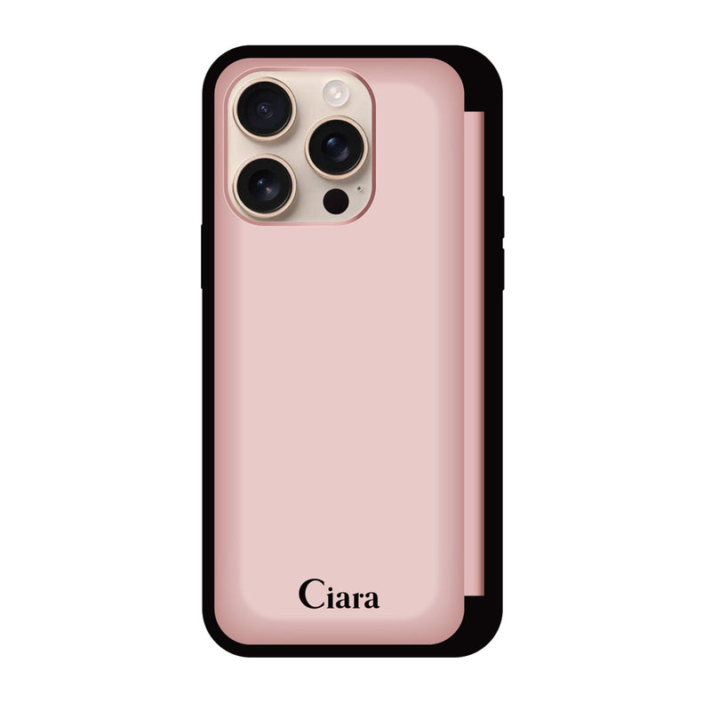 iPhoneケース バックフリップカード収納ミラー付きケース ロゴ