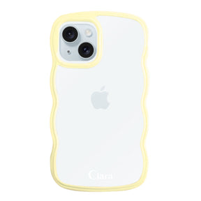 iPhone15Plusケース ウェーブフレーム クリアケース ロゴ イエロー