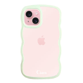 iPhone15 ウェーブフレーム クリアケース ロゴ グリーン