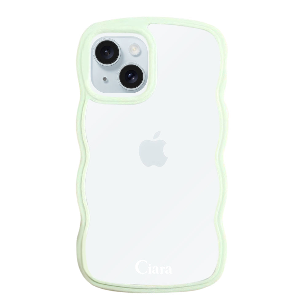 iPhone15Plus ウェーブフレーム クリアケース ロゴ グリーン