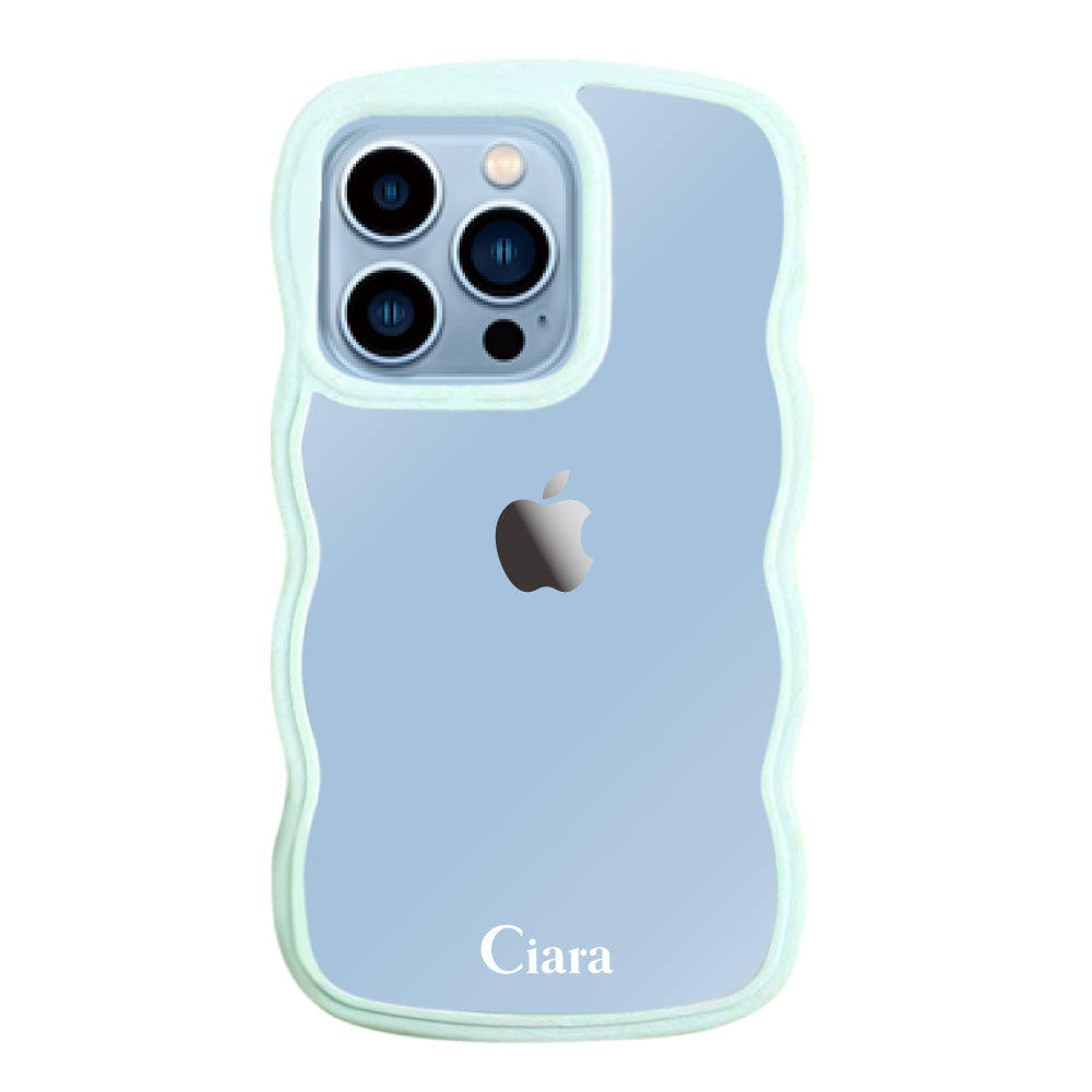 iPhone13ProMaxケース ウェーブフレーム クリアケース ロゴ ブルー