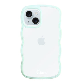 iPhone15Plusケース ウェーブフレーム クリアケース ロゴ ブルー