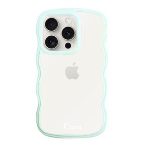 iPhone15ProMaxケース ウェーブフレーム クリアケース ロゴ ブルー