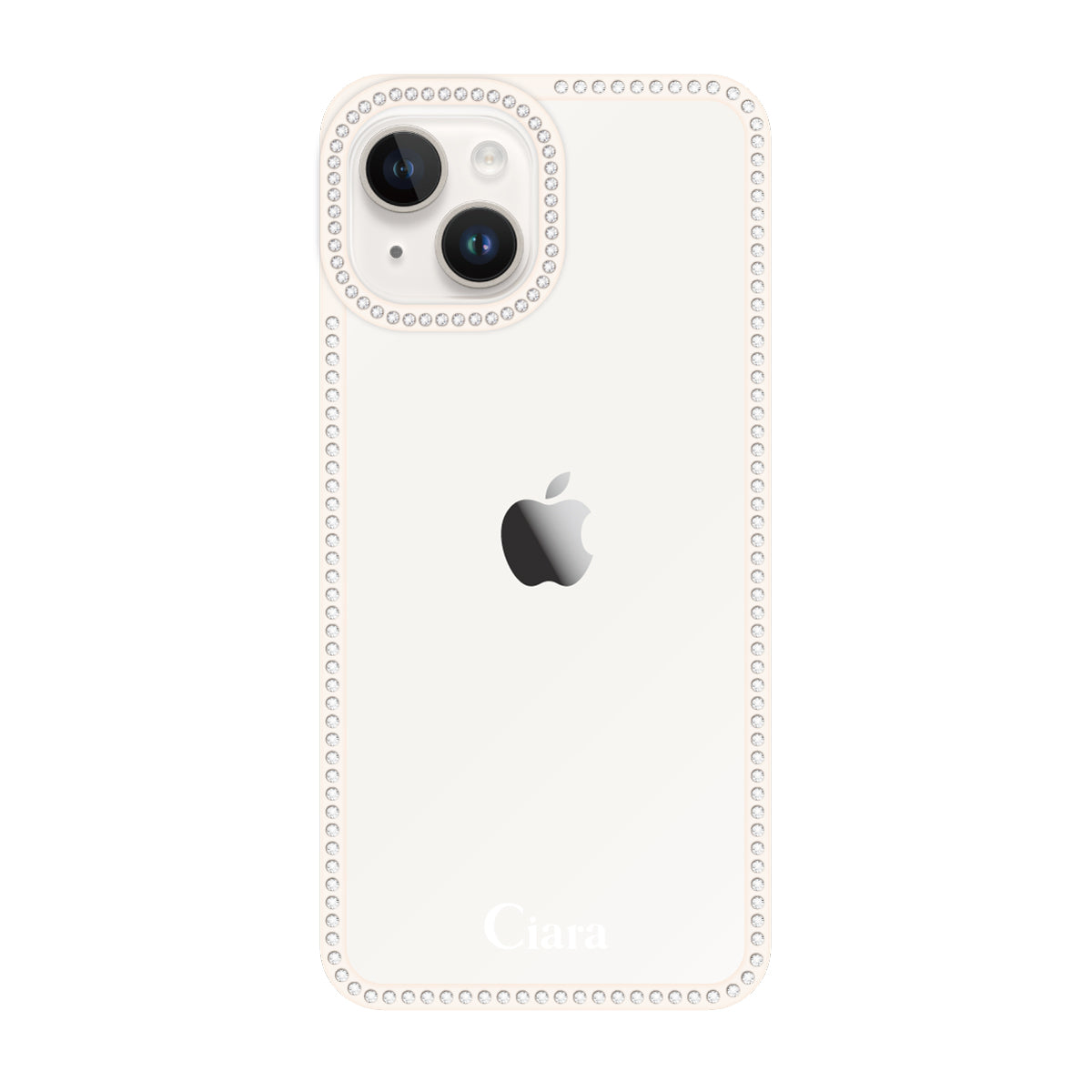 iPhone14/13 ラインストーンフレームクリア クリア ラインストーンフレームケース ロゴ ホワイト
