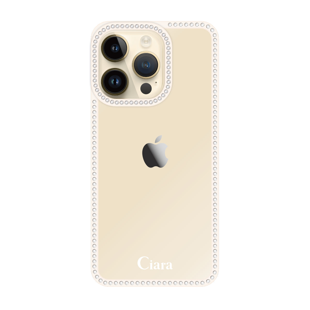 iPhone14Pro ラインストーンフレームクリア クリア ラインストーンフレームケース ロゴ ホワイト