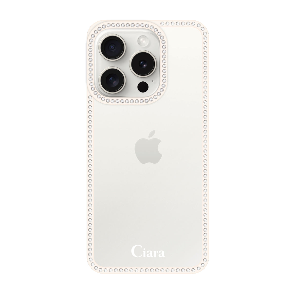 iPhone15ProMax ラインストーンフレームクリア クリア ラインストーンフレームケース ロゴ ホワイト